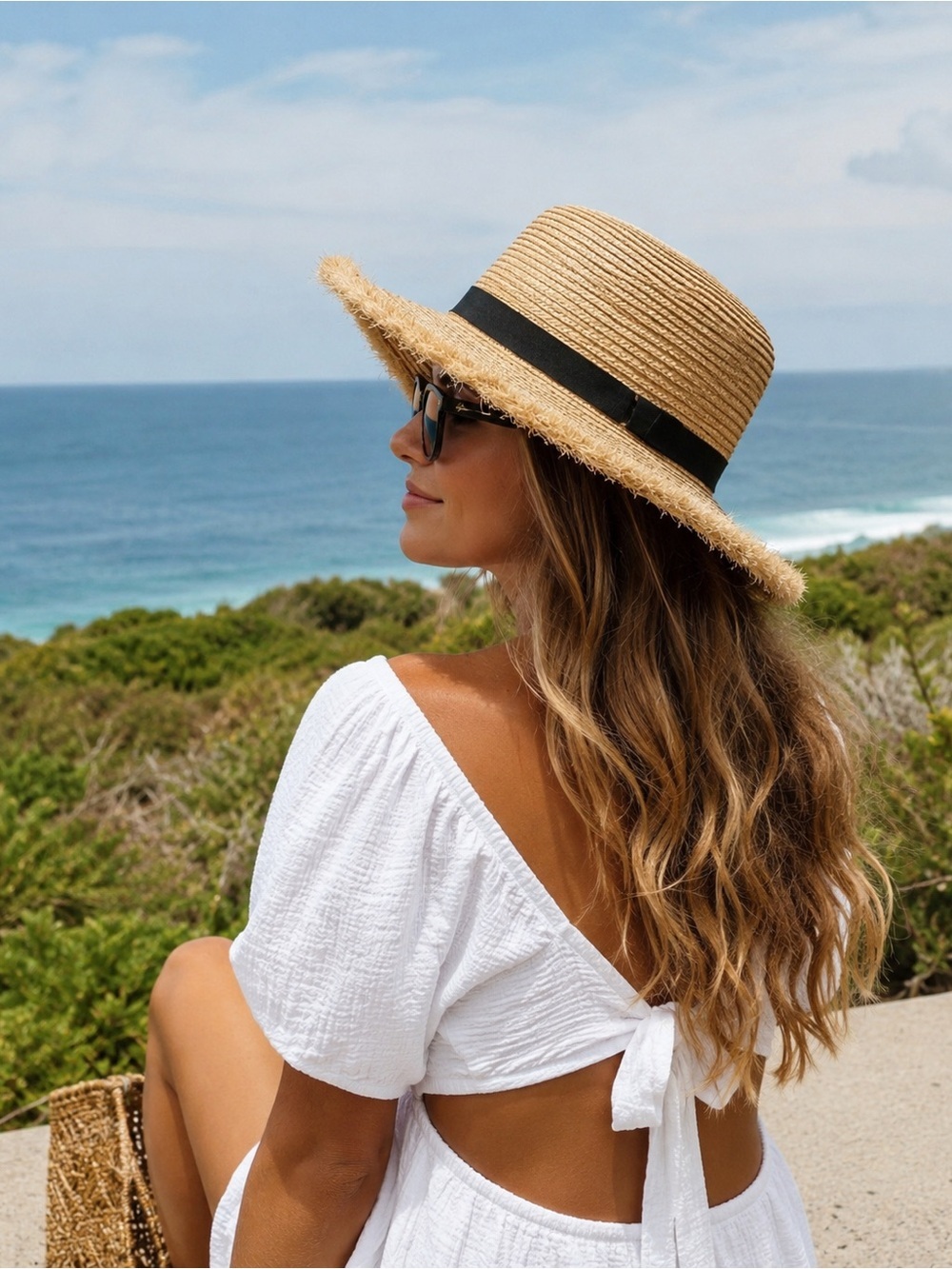 Hat Attack Shore Hat Natural Black Wheat Straw Frayed Brim Boater Sun Hat